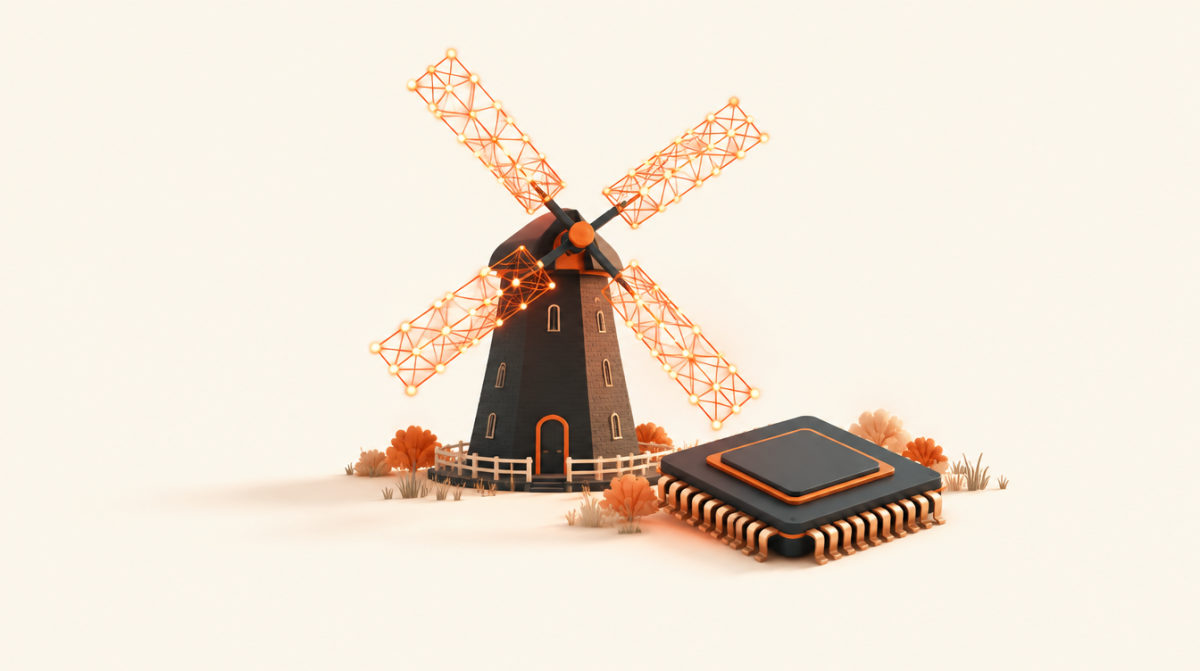 Illustration of a Dutch windmill with sails made of network lines next to a microchip