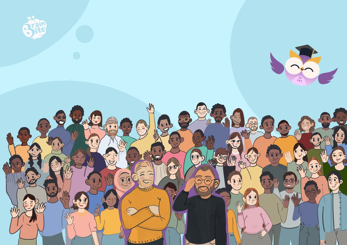 BrainBite illustration of children, teachers and historical figures with the BrainBite owl