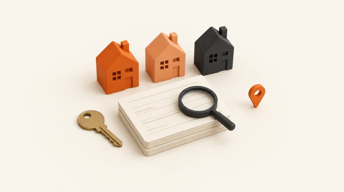 Illustration of three small houses with record cards, a magnifying glass, a key and a map pin, representing Danish property data brought together