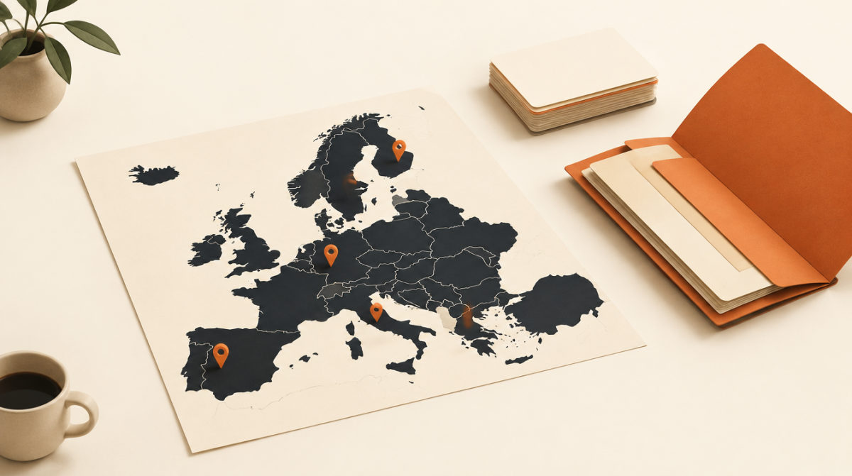 Illustration of a map of Europe with pins, index cards and a folder