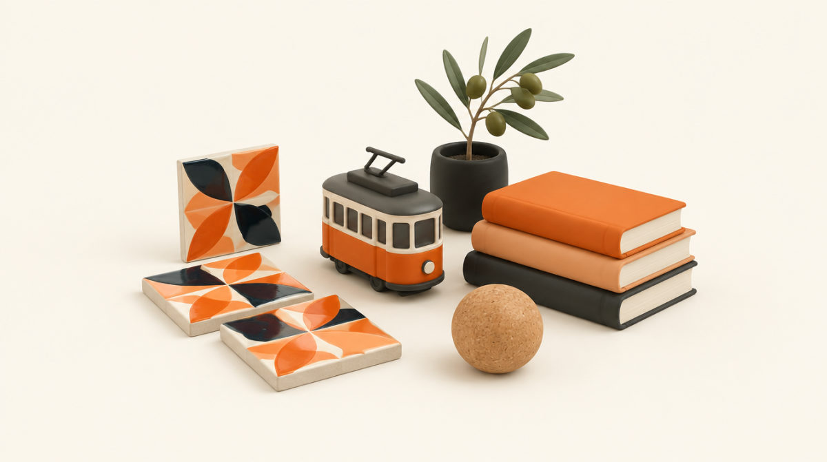 Still life with Portuguese tiles, a small orange tram, books, a cork ball and an olive sprig
