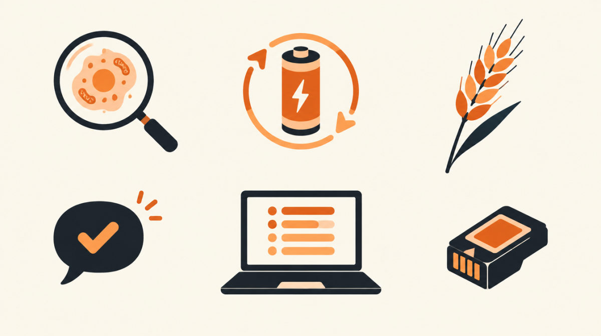 Illustration of a cell under a lens, a battery with a circular arrow, an ear of wheat, a speech bubble, a laptop and a small chip cartridge