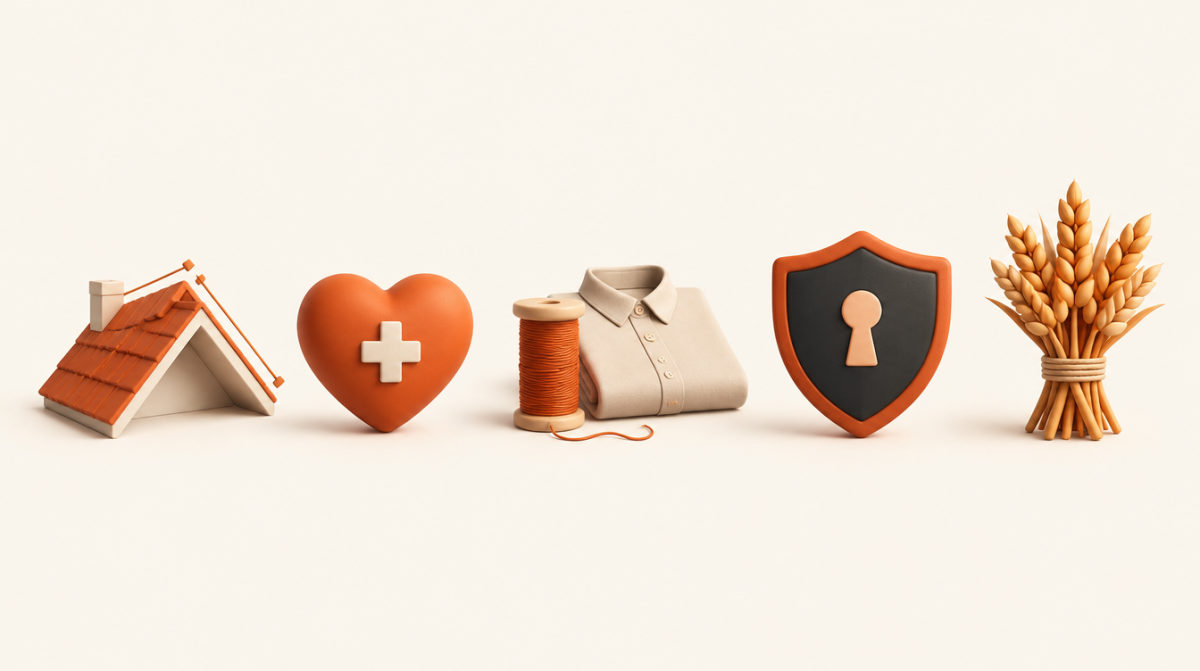 Illustration of a roof with a measuring line, a heart with a medical cross, thread and a shirt, a security shield and a sheaf of wheat