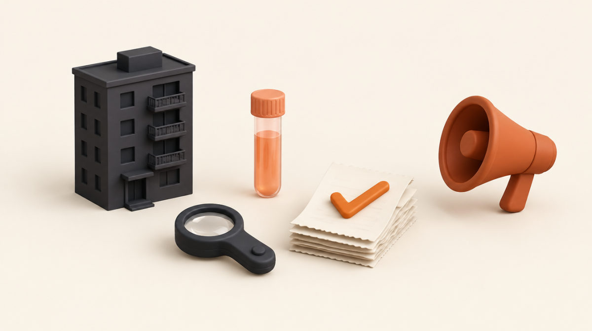 Illustration of a small apartment building, a test vial, a magnifier, receipts with a check mark and a megaphone