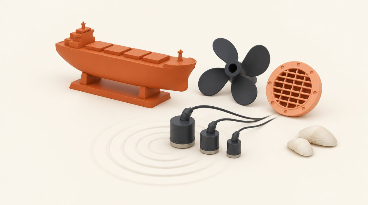 Still life with a small orange cargo ship, a propeller, a sea-water intake grille, three ultrasonic transducers and two mussel shells