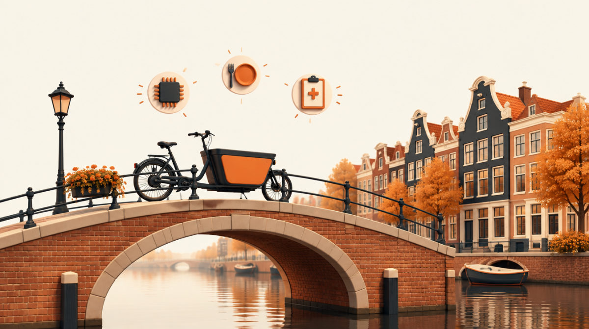 Illustration of an Amsterdam canal bridge with an electric cargo bike and icons for a chip, a plate and a medical clipboard