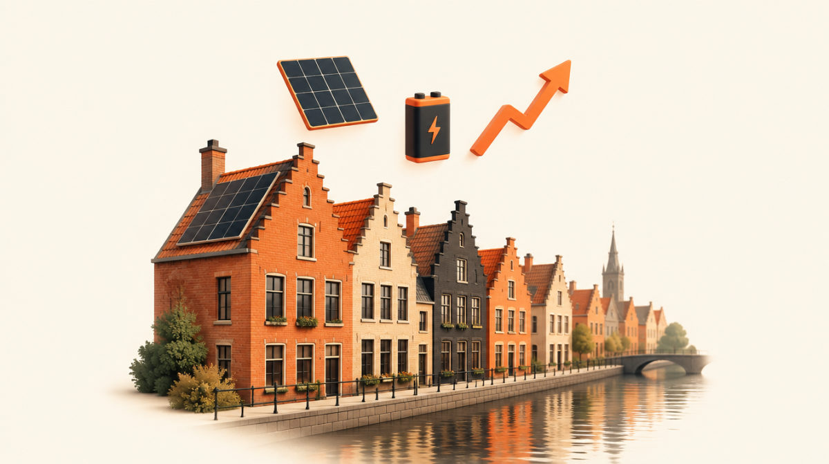 Illustration of Flemish gable houses along a canal with a solar panel, a battery and a rising arrow