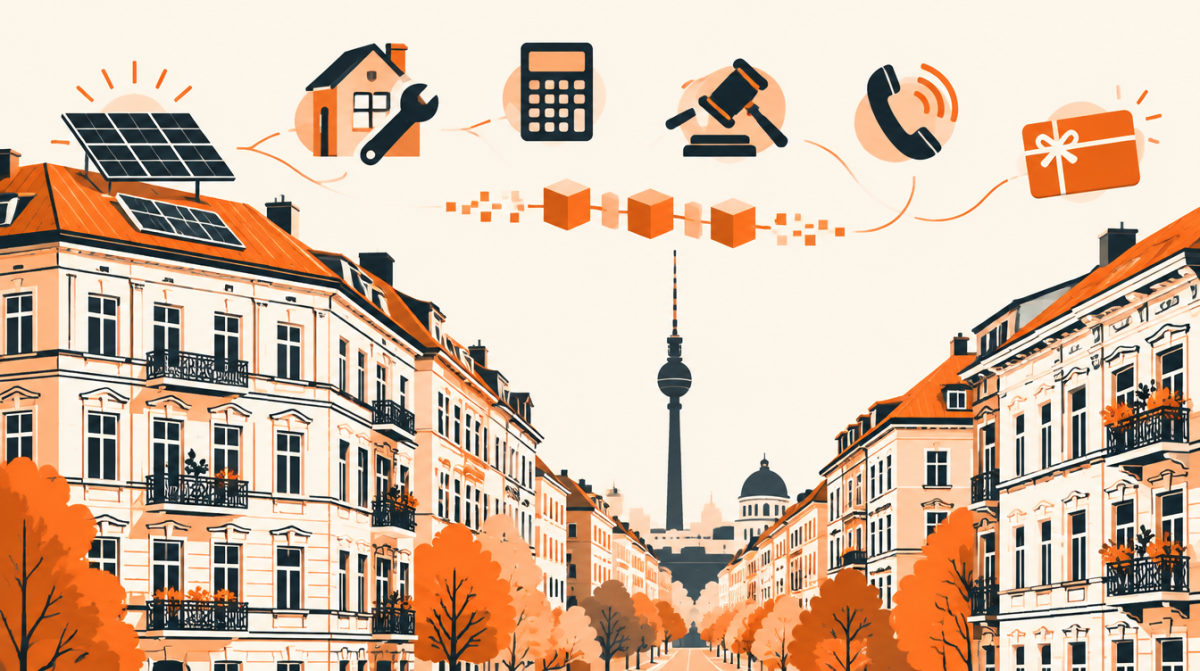 Illustration of a Berlin street with old apartment facades, the TV tower in the distance, solar panels, a calculator, a gavel and a phone