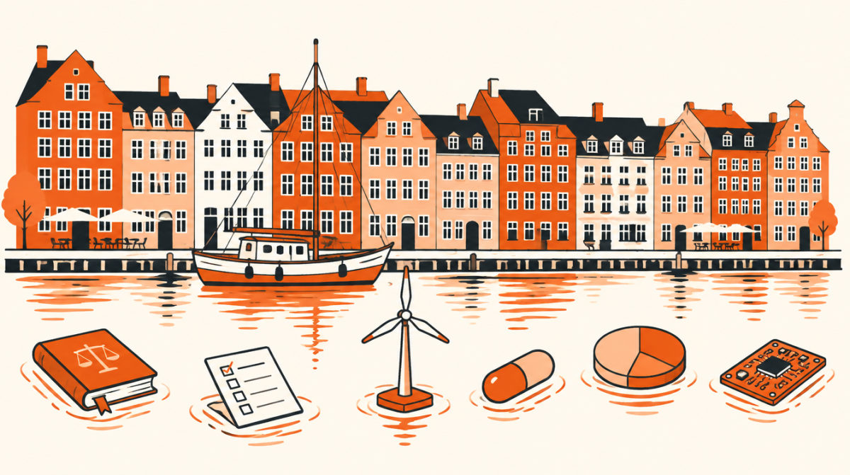 Illustration of a Copenhagen canal with colourful harbour houses, a law book, a checklist, a wind turbine, a capsule and a circuit board