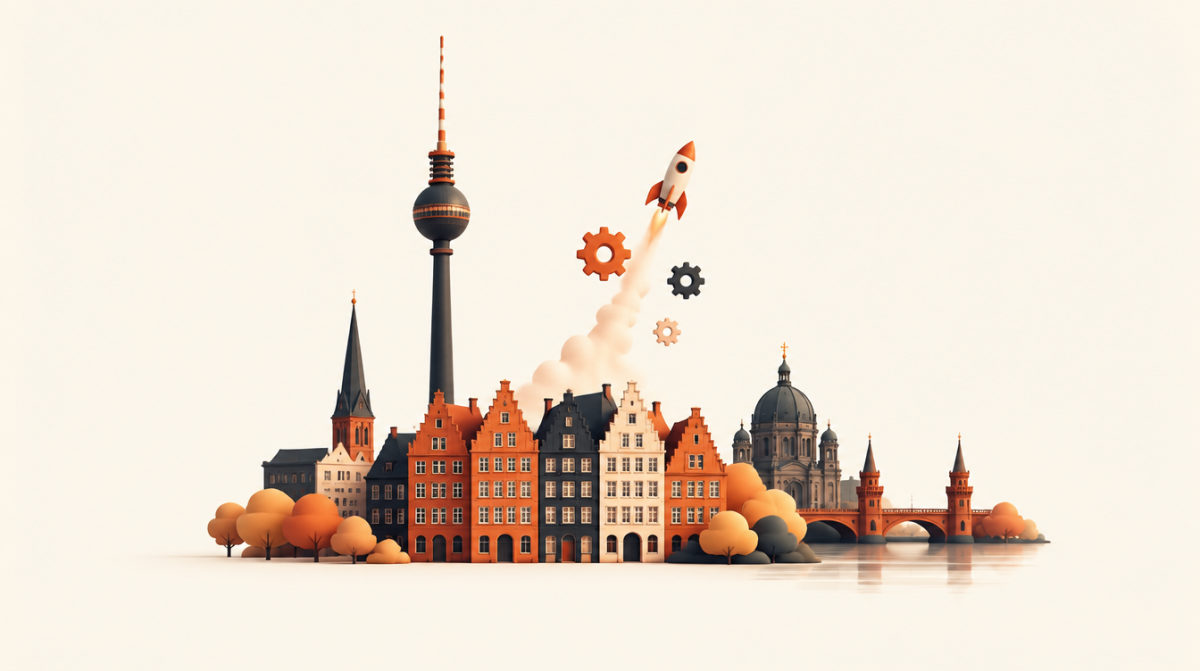 Illustration of a German city skyline with a TV tower, gears and a small rocket