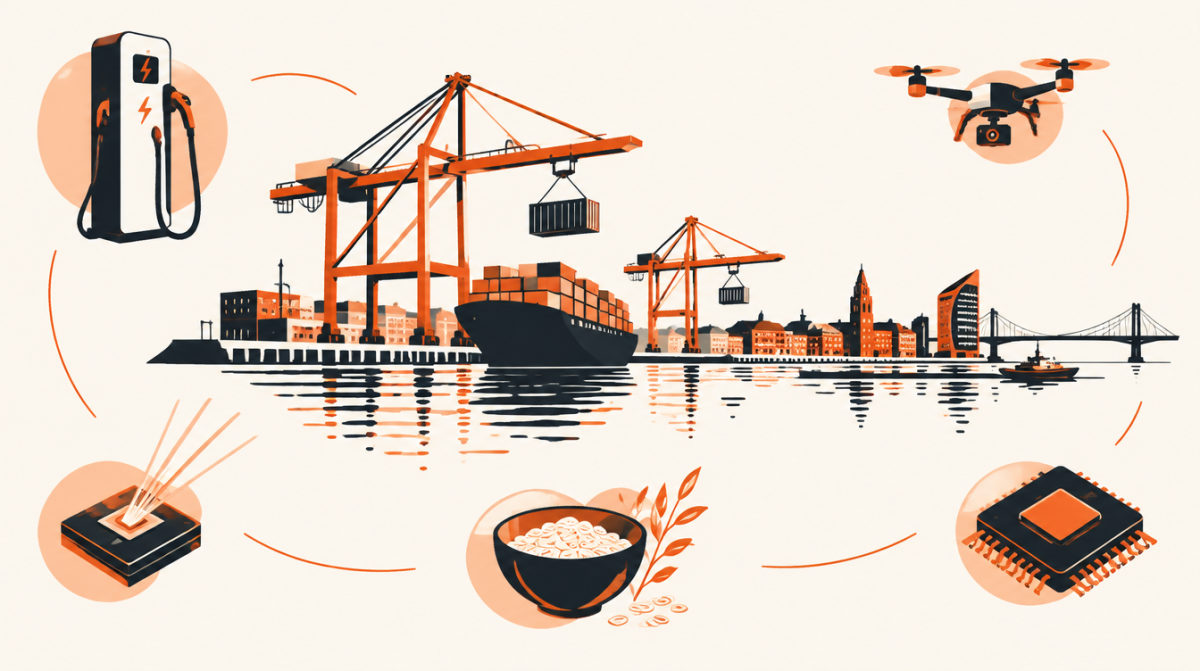 Illustration of Gothenburg harbour with cranes, a car charger, a photonic chip, oats, a drone and a microchip