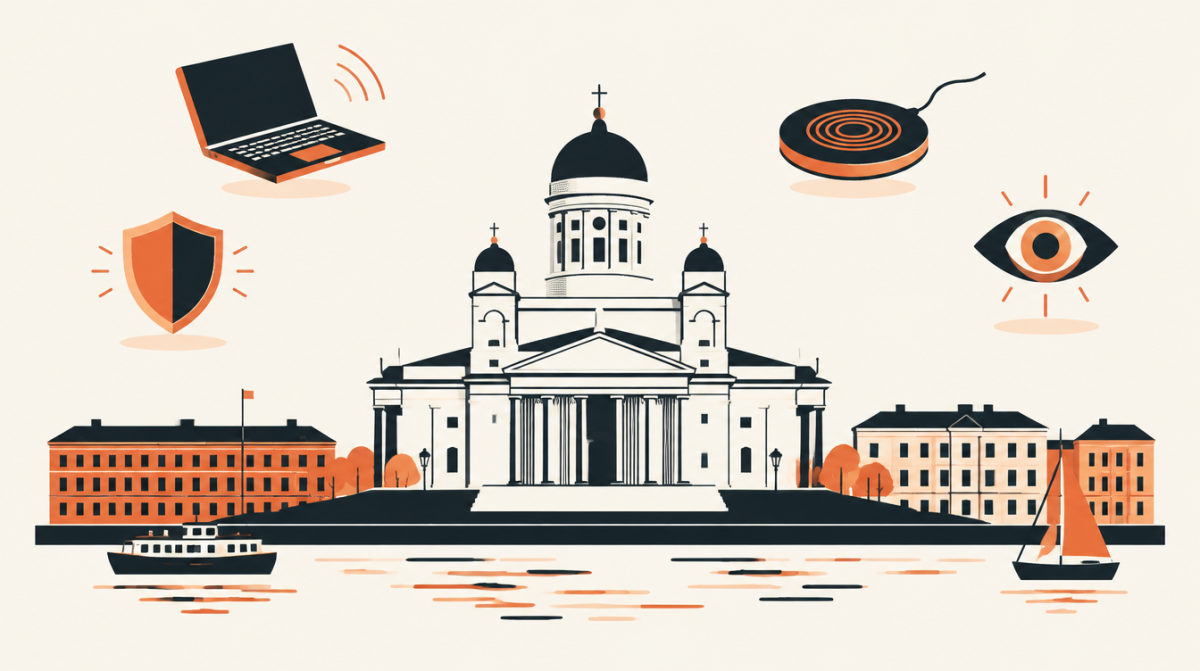 Illustration of the Helsinki waterfront with the cathedral dome, a laptop, a shield, a charging coil and an eye