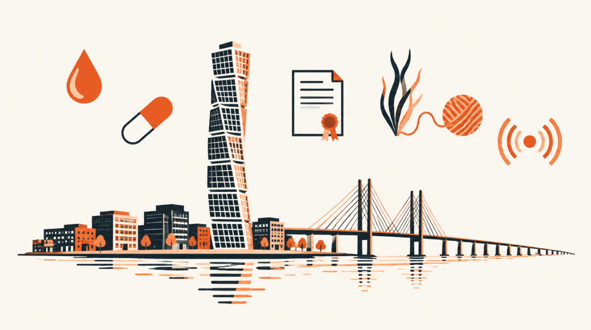 Illustration av Malmö med Turning Torso och Öresundsbron, en vattendroppe, en tablett, ett patentdokument, sjögräs och en radiovåg