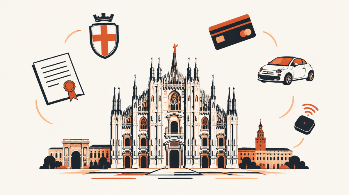 Illustration of Milan with the Duomo spires, a shield, a tender document, a payment card, a car and a sensor
