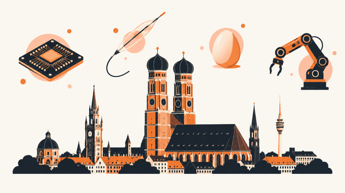 Illustration of Munich with the Frauenkirche towers, a quantum chip, a catheter, an egg and a factory machine