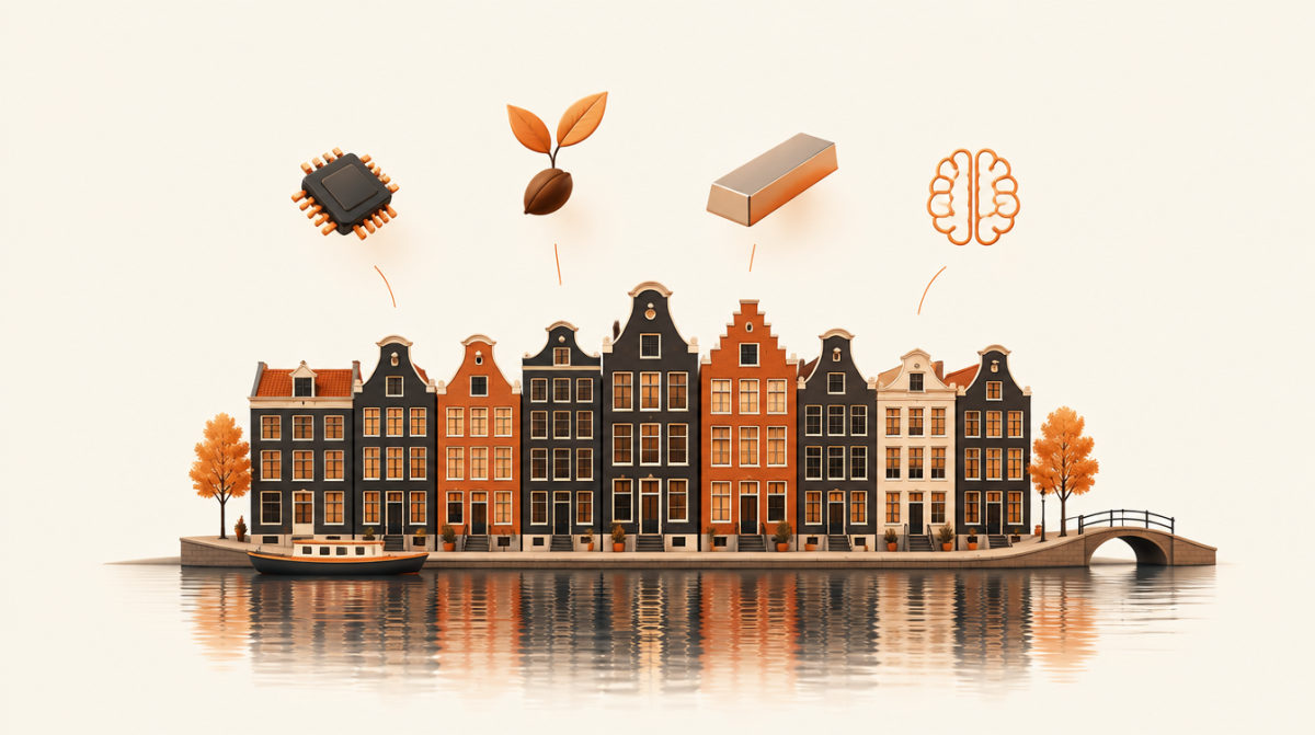 Illustration of Dutch canal houses with a microchip, a sprouting seed, a metal bar and a brain outline above them
