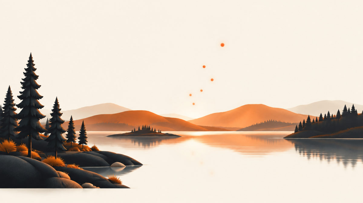 Illustration of a calm Nordic lake with pine trees and small lights rising above it