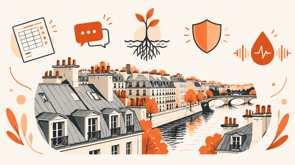 Illustration of Paris rooftops along the Seine with a payroll sheet, a chat bubble, a mangrove sprout, a shield and a sound wave