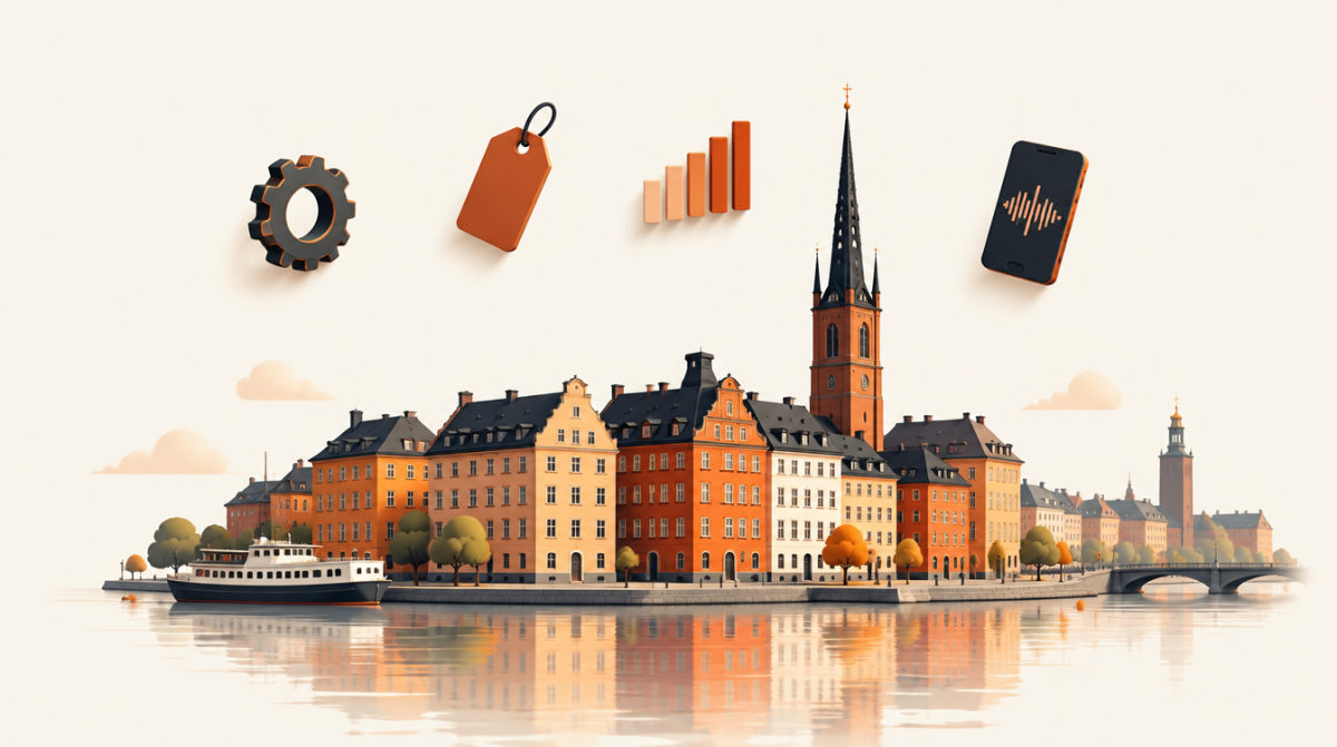 Illustration of the Stockholm old town waterfront with a gear, a clothing tag, a rising chart and a phone
