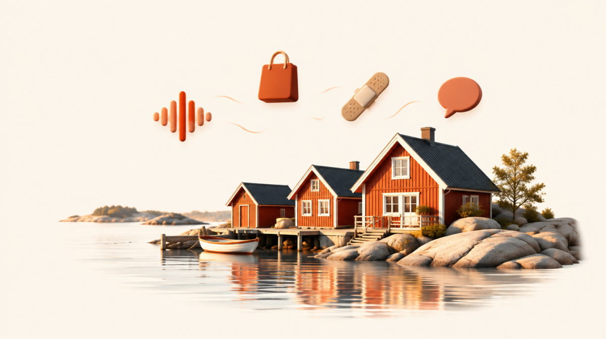 Illustration of Swedish wooden houses by the water with a sound wave, a shopping bag, a plaster and a speech bubble